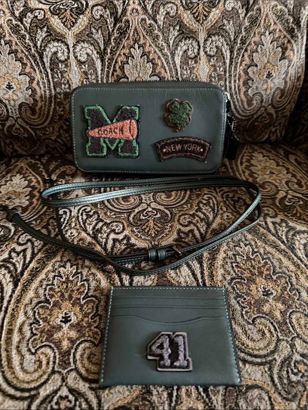 Coach Dark Green Leather Crossbody Bag with Patch Accents & Card Holder